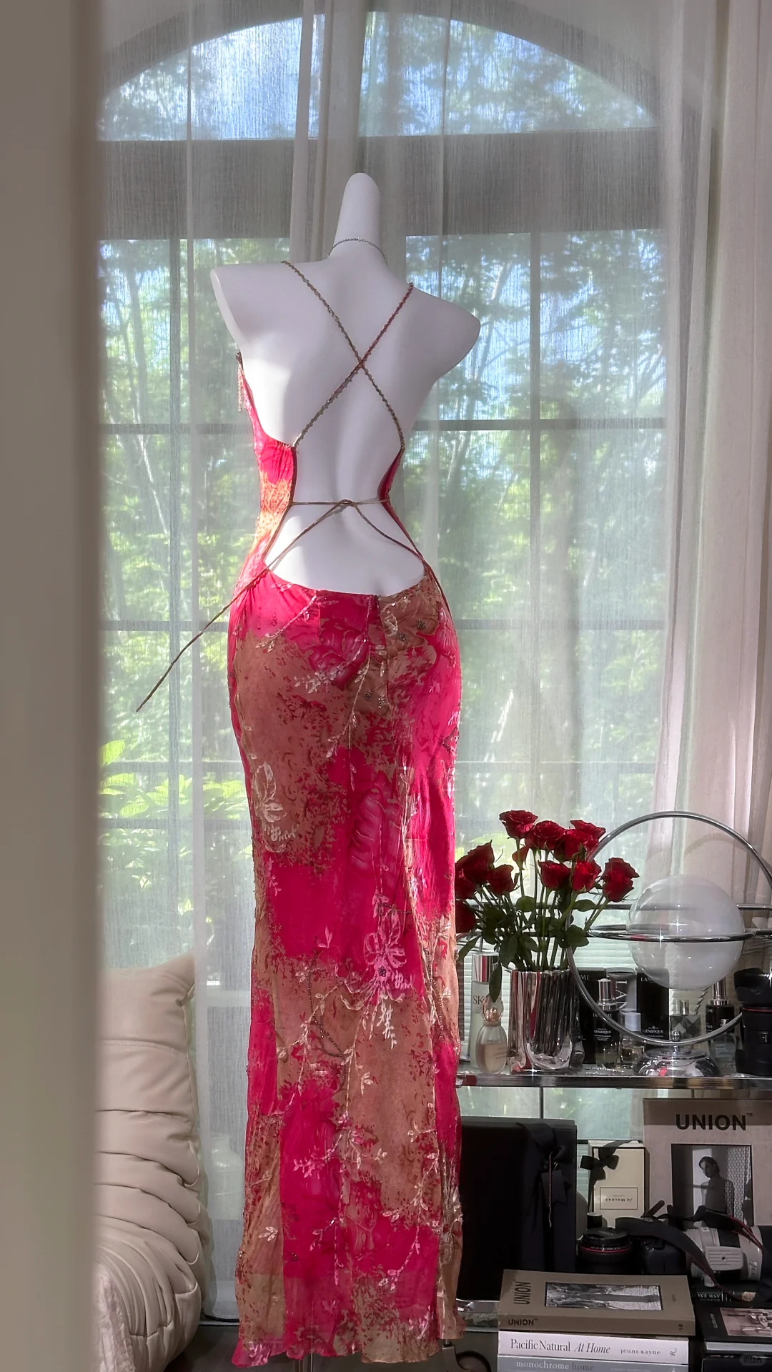 Pretty Spaghetti Straps Red Chiffon Printed Floral Beaded Mermaid Evening Dress Long Prom Gown
