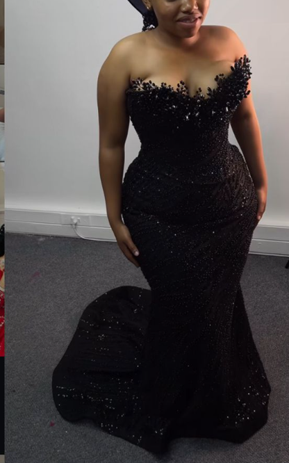 Glitter Black Strapless Sequin Beaded Mermaid Evening Dress Formal Birthday Party Gown