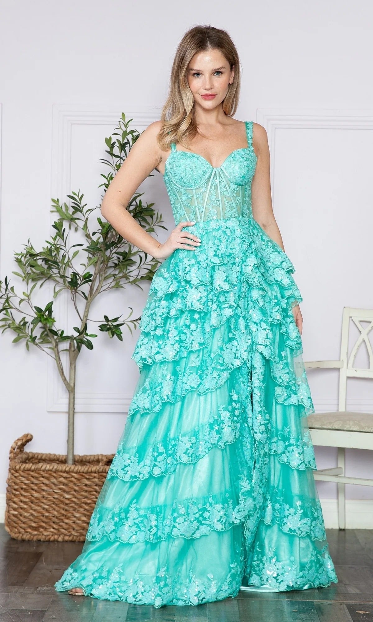Floral Lace Tiered Tulle Gown with Corset Bodice and Slit