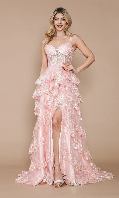 Floral Lace Tiered Tulle Gown with Corset Bodice and Slit