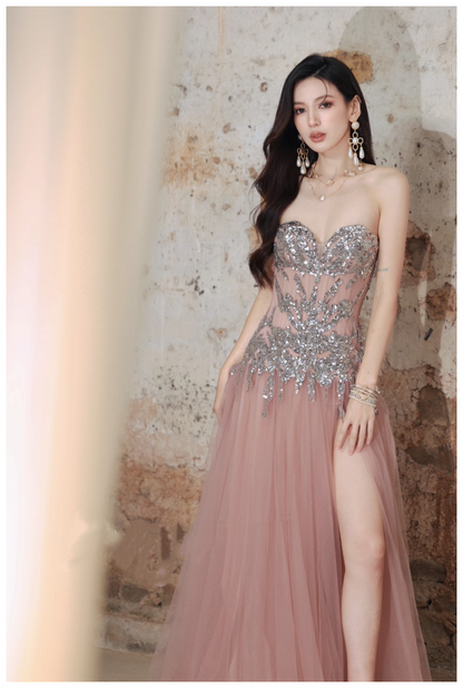 Pretty Pink Sweetheart Neck Tulle Sequin A Line Slit Long Evening Dress Party Gown