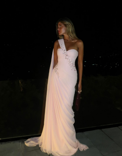 Pretty One Shoulder Pink Chiffon Beaded Prom Gown Long Wedding Guest Dress