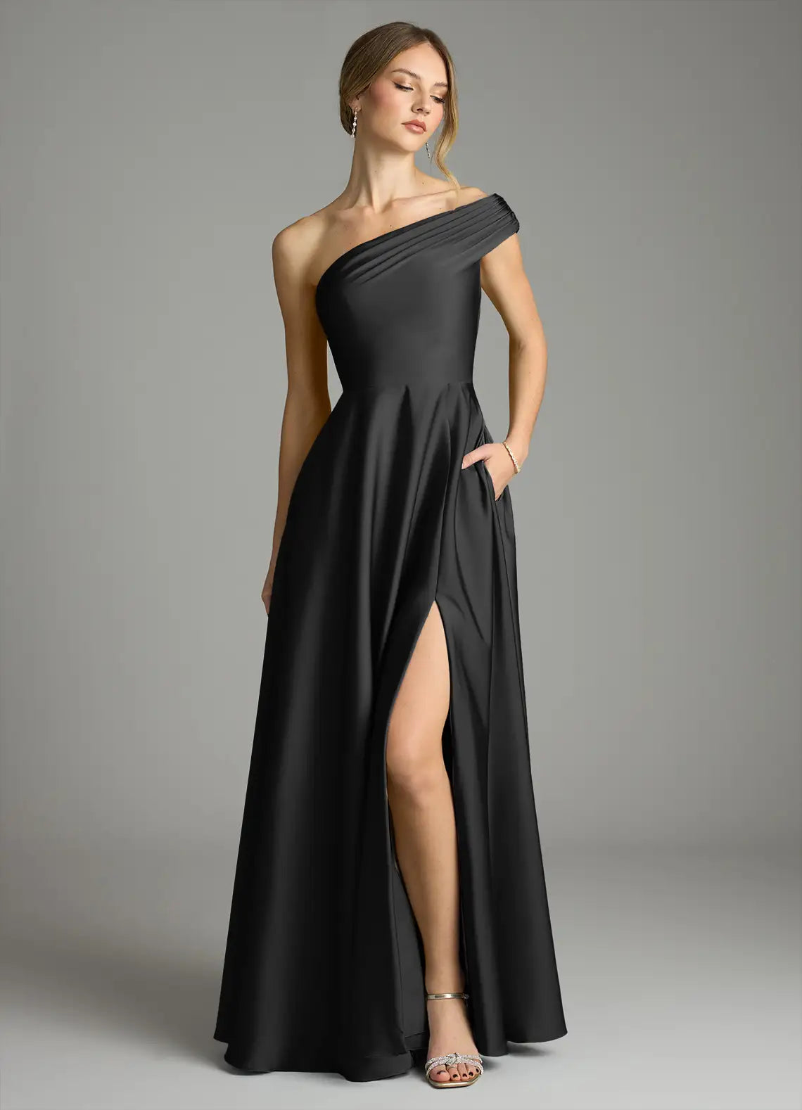 Glamorous satin a line one shoulder sleeveless open back floor length bridesmaid dress with high slit and pockets