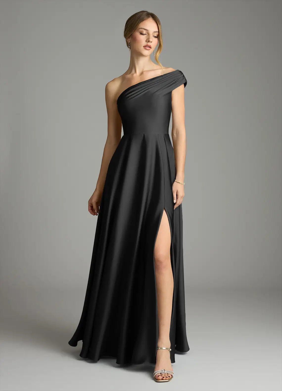 Glamorous satin a line one shoulder sleeveless open back floor length bridesmaid dress with high slit and pockets