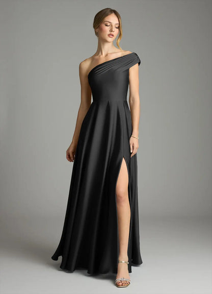 Glamorous satin a line one shoulder sleeveless open back floor length bridesmaid dress with high slit and pockets