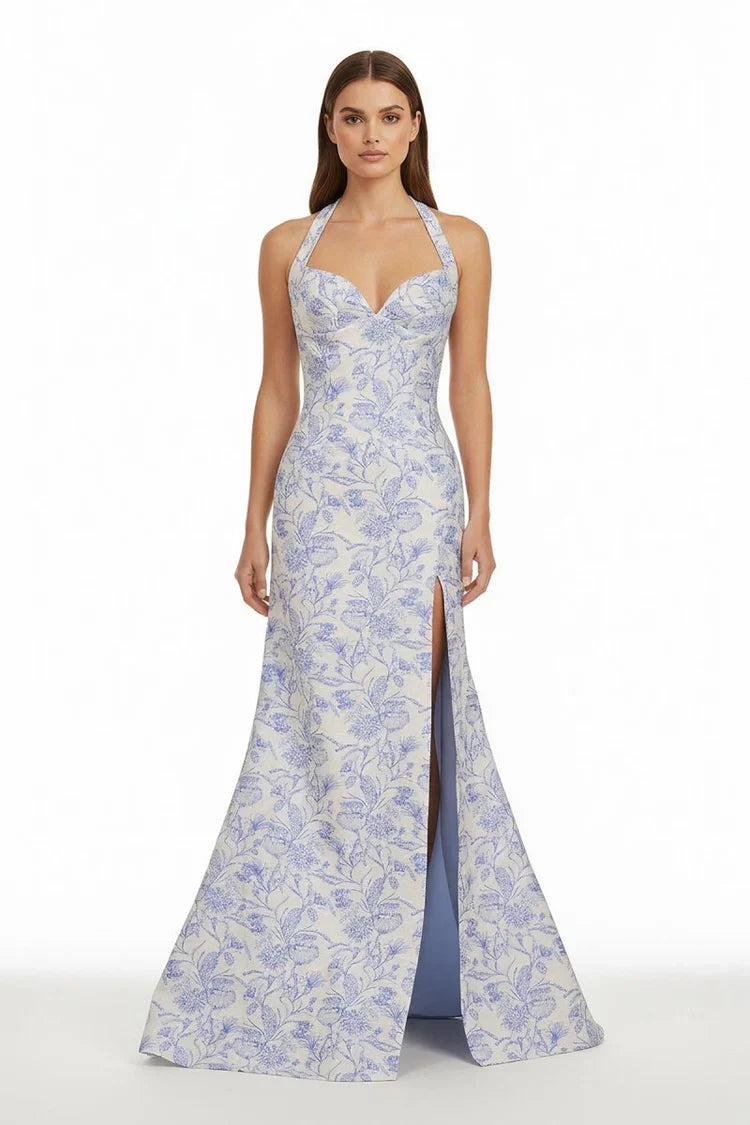 Glamorous Fitted Mermaid Sweetheart Neck Halter Sleeveless Lace-Up Back Floral Print Prom Dresses