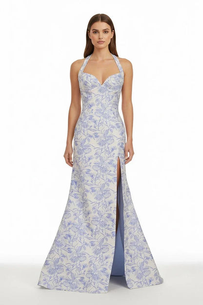 Glamorous Fitted Mermaid Sweetheart Neck Halter Sleeveless Lace-Up Back Floral Print Prom Dresses