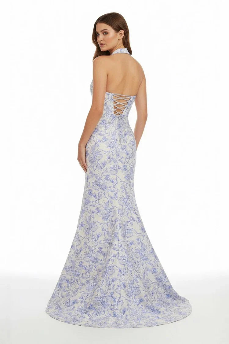 Glamorous Fitted Mermaid Sweetheart Neck Halter Sleeveless Lace-Up Back Floral Print Prom Dresses