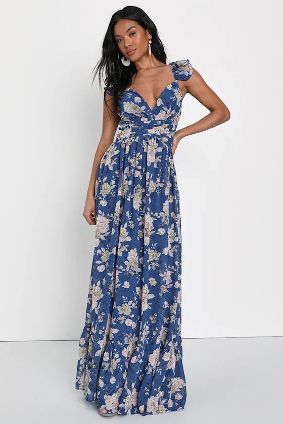 Glamorous Romantic Fitted A-Line V-Neck Ruffle Strap Lace-Up Back Maxi Floral Prom Dresses
