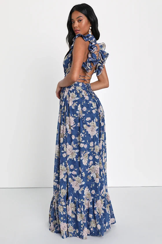 Glamorous Romantic Fitted A-Line V-Neck Ruffle Strap Lace-Up Back Maxi Floral Prom Dresses