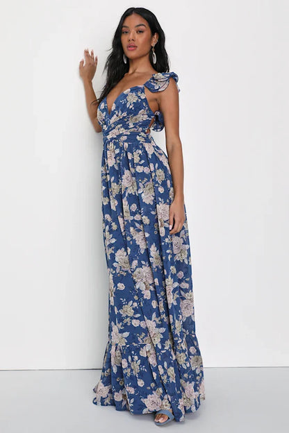 Glamorous Romantic Fitted A-Line V-Neck Ruffle Strap Lace-Up Back Maxi Floral Prom Dresses