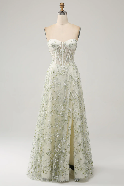 Glamorous Strapless Floral Embroidered Corset Lace-Up Back Tulle Maxi Prom Dress with High Slit