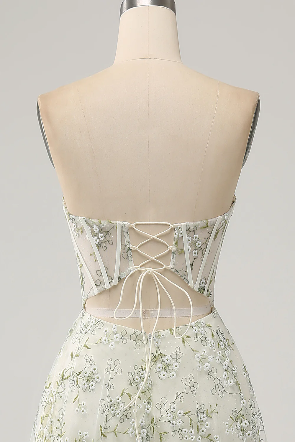 Glamorous Strapless Floral Embroidered Corset Lace-Up Back Tulle Maxi Prom Dress with High Slit