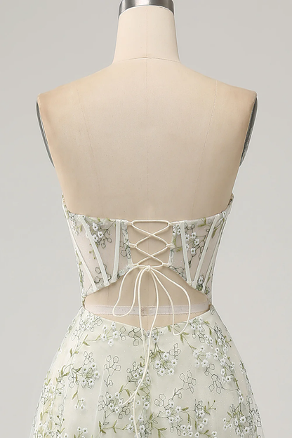 Glamorous Strapless Floral Embroidered Corset Lace-Up Back Tulle Maxi Prom Dress with High Slit