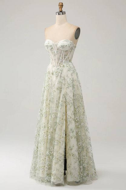 Glamorous Strapless Floral Embroidered Corset Lace-Up Back Tulle Maxi Prom Dress with High Slit