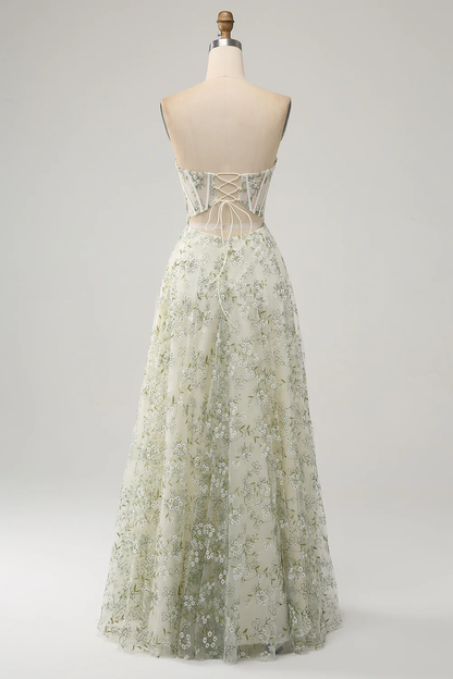 Glamorous Strapless Floral Embroidered Corset Lace-Up Back Tulle Maxi Prom Dress with High Slit