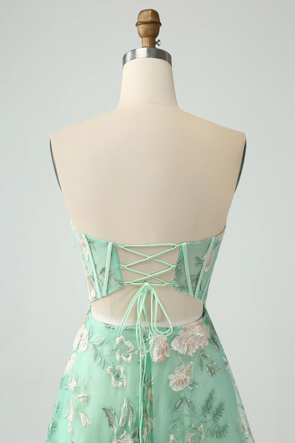 Glamorous Strapless Floral Embroidered Corset Lace-Up Back Tulle Maxi Prom Dress with High Slit