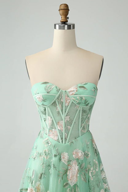 Glamorous Strapless Floral Embroidered Corset Lace-Up Back Tulle Maxi Prom Dress with High Slit