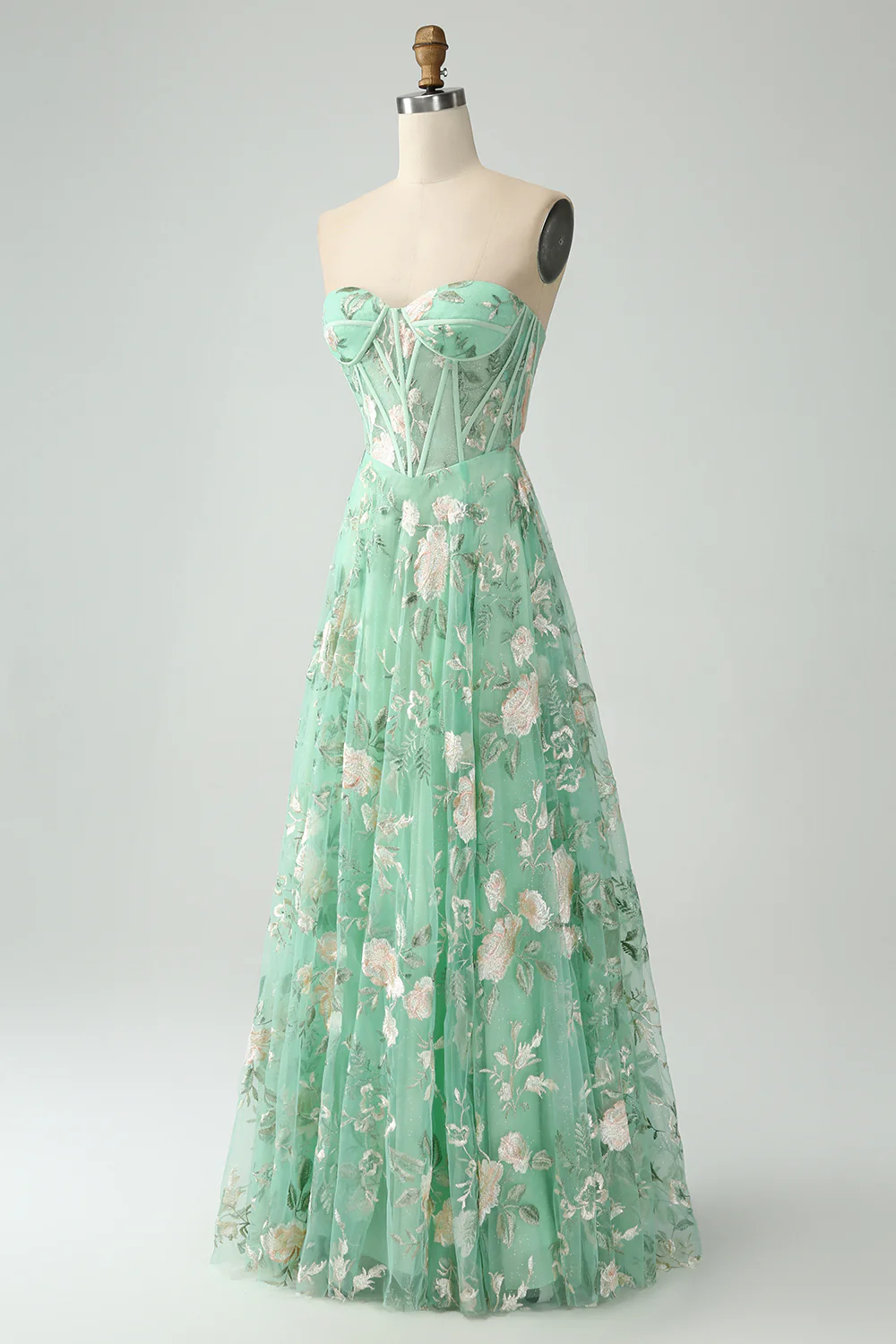 Glamorous Strapless Floral Embroidered Corset Lace-Up Back Tulle Maxi Prom Dress with High Slit