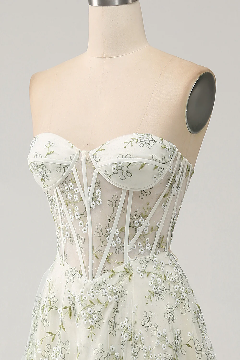 Glamorous Strapless Floral Embroidered Corset Lace-Up Back Tulle Maxi Prom Dress with High Slit