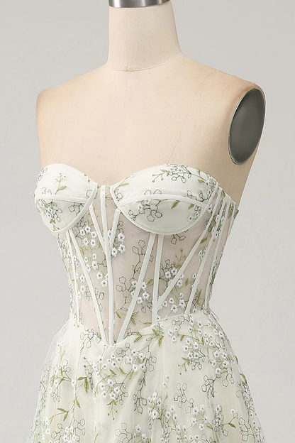 Glamorous Strapless Floral Embroidered Corset Lace-Up Back Tulle Maxi Prom Dress with High Slit