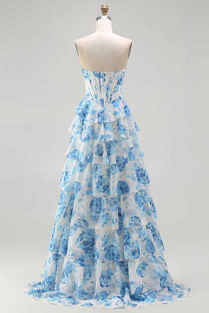 Glamorous Strapless Floral Print Tiered Ruffle Prom Dress with Beaded Neckline and Corset Bodice