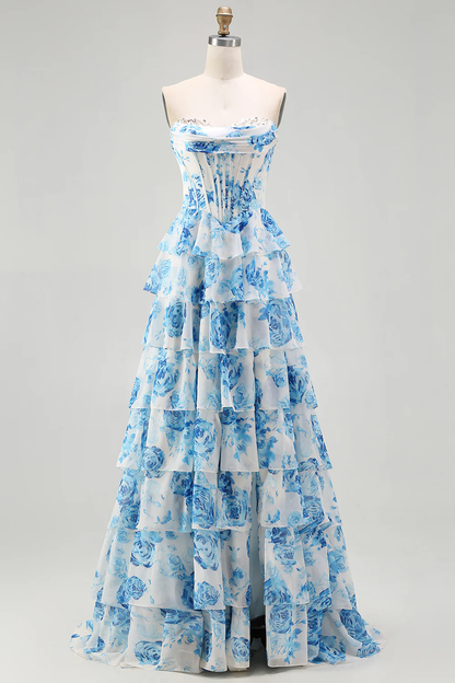 Glamorous Strapless Floral Print Tiered Ruffle Prom Dress with Beaded Neckline and Corset Bodice