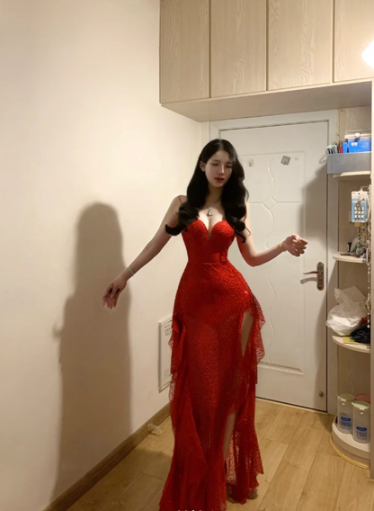 Sexy Spaghetti Straps Red Sequin Ruffle Long Evening Dress Formal Prom Gown