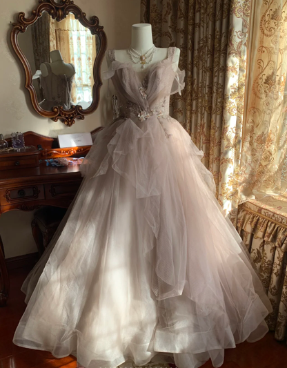 Charming Spaghetti Straps Light Pink V Neck Tulle Beaded Ball Gown Formal Long Birthday Party Dress