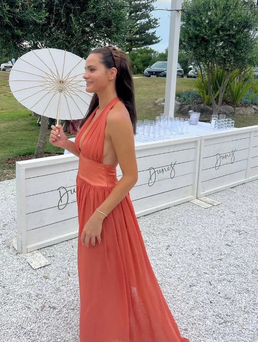 Halter Neck Deep V Chiffon Open Back Flowy Maxi Evening Dress