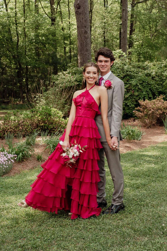 Halter Neck Ruffled Tiered Prom Dress with Keyhole Detail, Open Back & High Front Slit