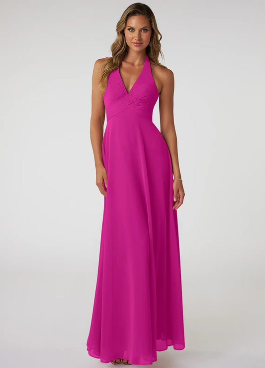 Halter neck chiffon bridesmaid dress with ruched waist and open back