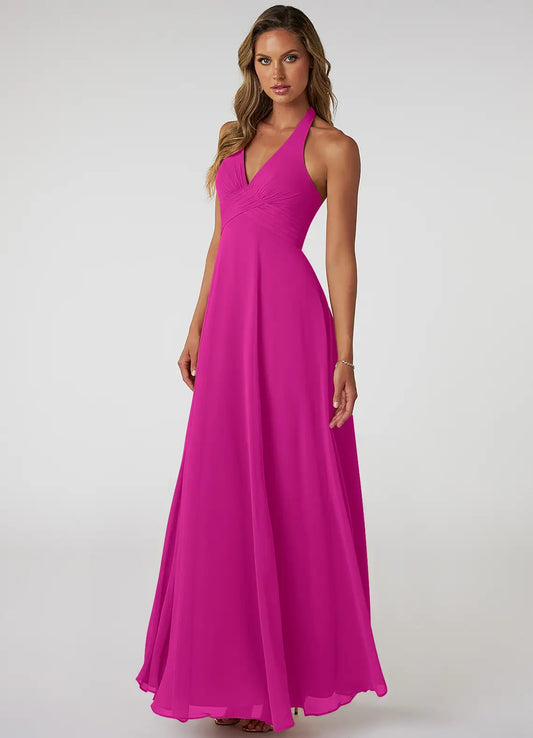 Halter neck chiffon bridesmaid dress with ruched waist and open back