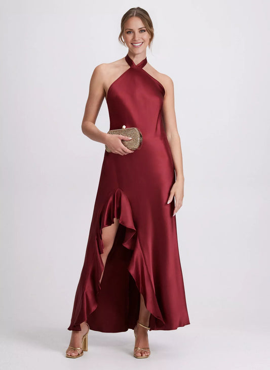 Hanging collar sleeveless backless side split ruffle edge and floor length evening dress