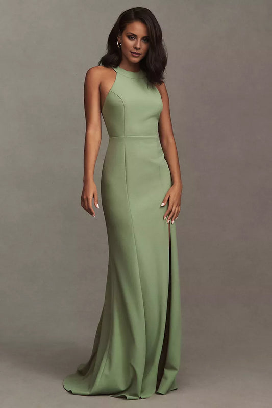 Hanging neck collar off shoulder sleeveless backless and floor length Prom dress