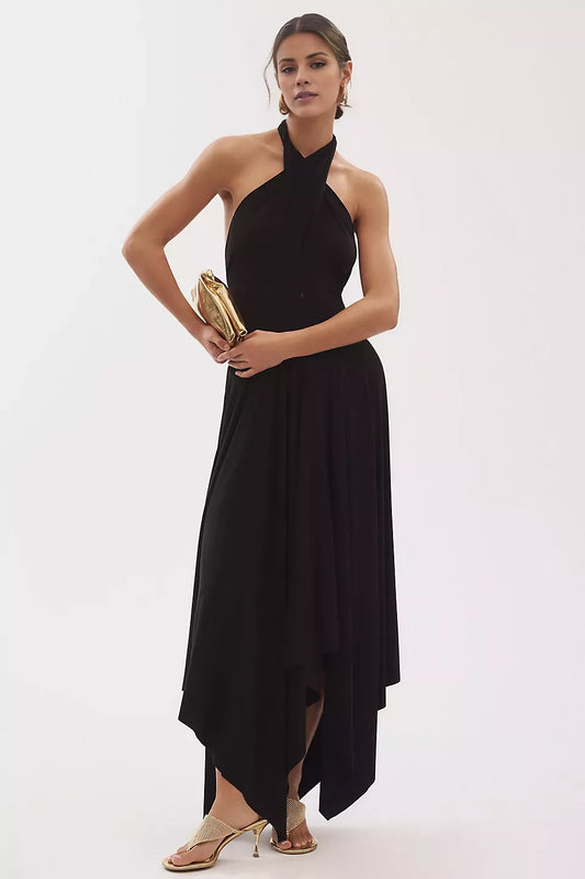 Hanging neck collar off shoulder sleeveless backless and floor length Prom dress