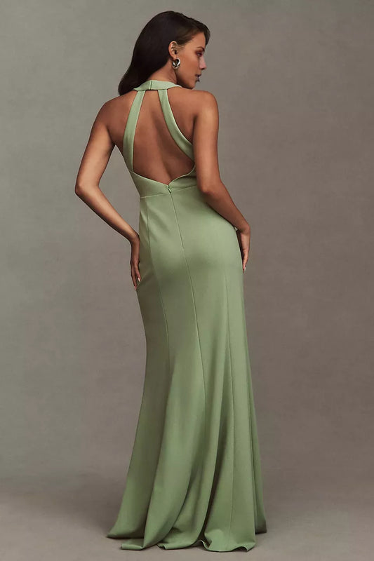 Hanging neck collar off shoulder sleeveless backless and floor length Prom dress