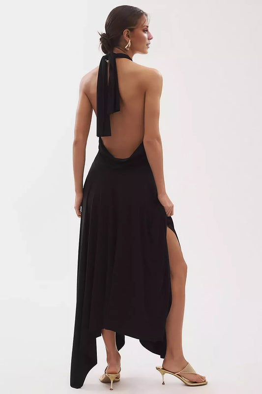 Hanging neck collar off shoulder sleeveless backless and floor length Prom dress