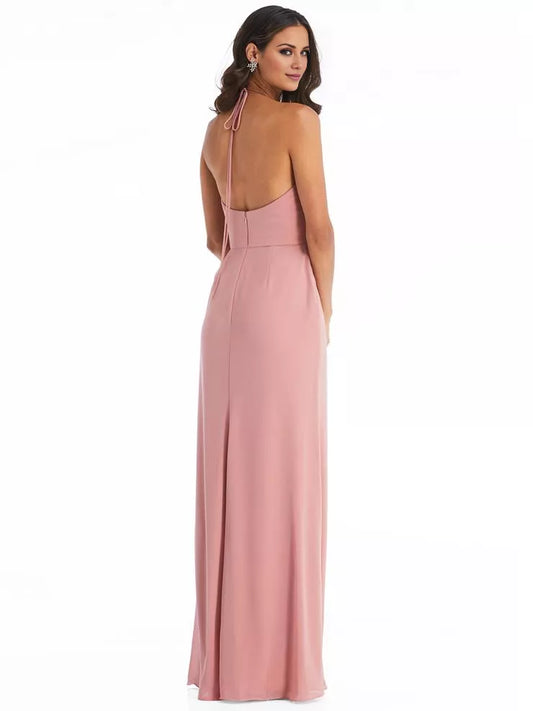 Hanging neck collar off shoulder sleeveless backless side slit and floor length Prom dress