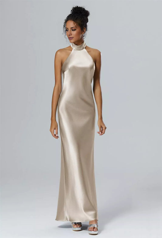 Hanging neck collar off shoulder sleeveless backless side slit and floor length bridesmaid dress