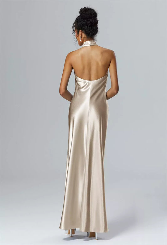 Hanging neck collar off shoulder sleeveless backless side slit and floor length bridesmaid dress
