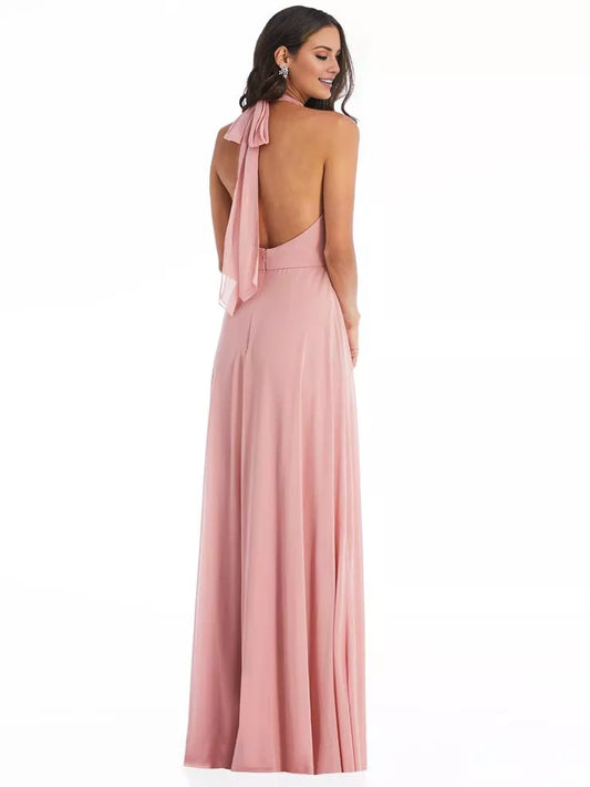Hanging neck collar off shoulder sleeveless back zipper and floor length Prom dress