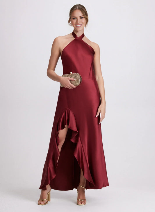 Hanging neck collar off shoulder sleeveless satin backless side slit and floor length Prom dress