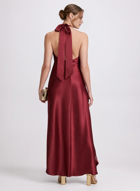 Hanging neck collar off shoulder sleeveless satin backless side slit and floor length Prom dress