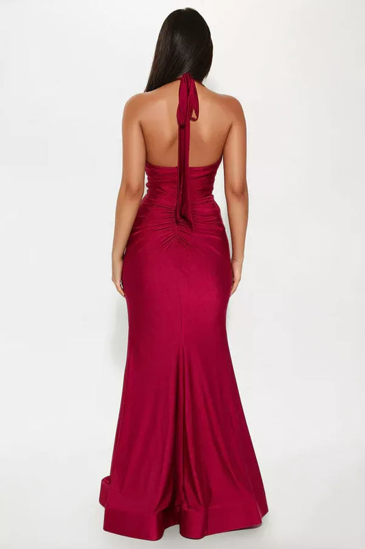 Hanging neck collar sleeveless backless side slit and floor length evening dress