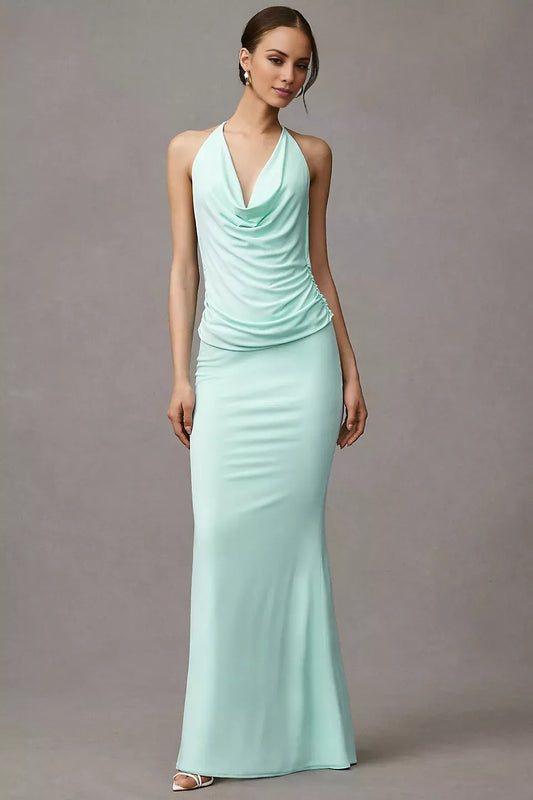 Hanging neck collar sleeveless thin shoulder strap backless and floor length Prom dress
