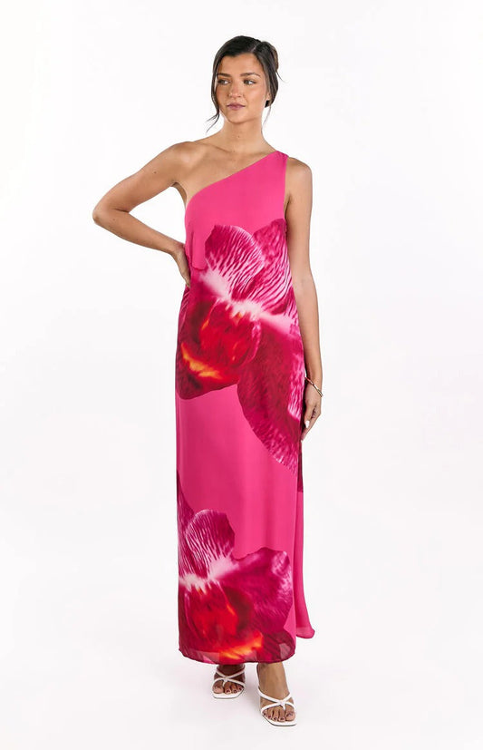 Hot Pink Orchid Print One-Shoulder Maxi Dress – Flowy Chiffon Summer Formal Dress
