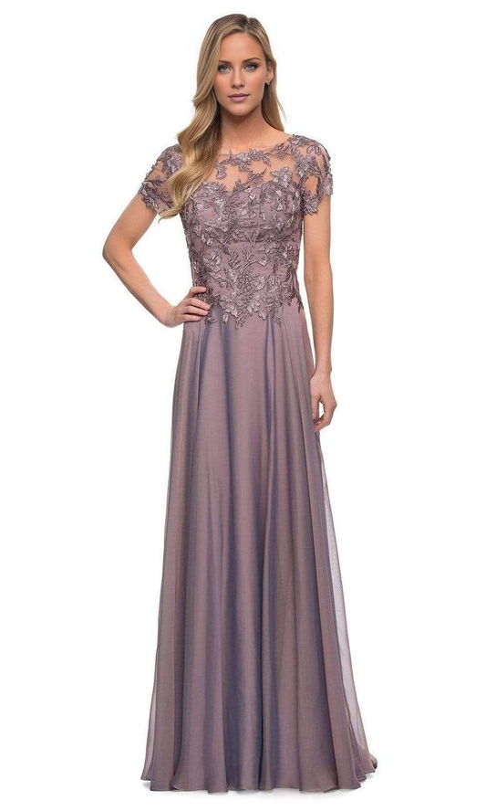 Illusionary collar short sleeved lace backless and floor length mother of the bride dress