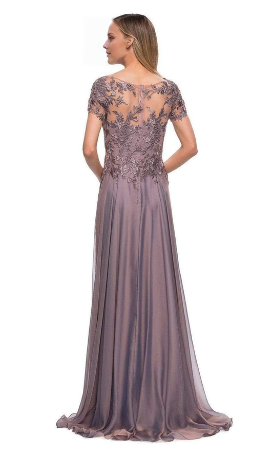 Illusionary collar short sleeved lace backless and floor length mother of the bride dress