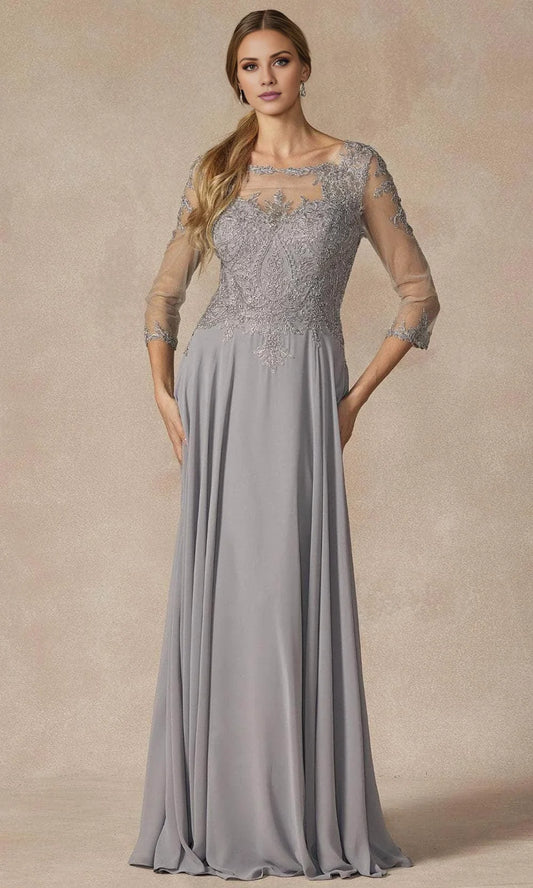 Illusion collar long sleeved lace and floor length mother of the bride dress